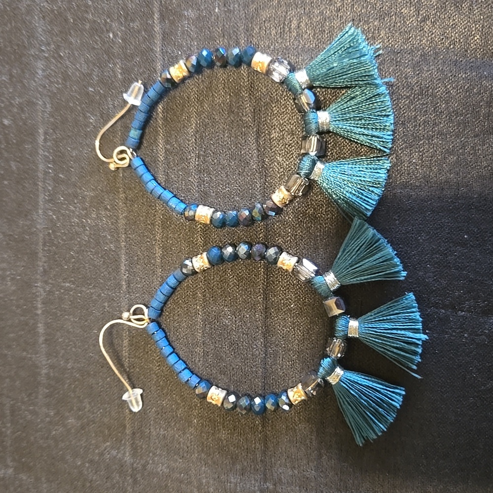 Teal and Gold Bead  with Tassels Earrings